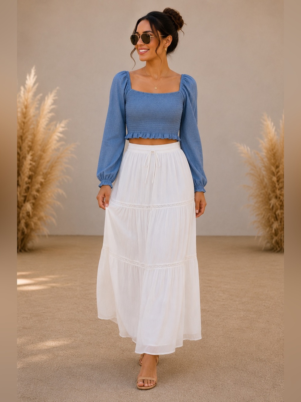 SO Light Blue Smocked Square-Neck Long Sleeve Crop Top